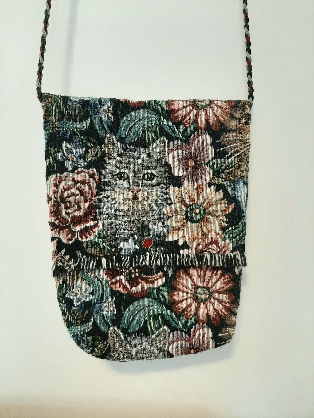 Cottagecore Handmade  Artisan Romantic Floral Cat Tapestry Crossbody Bag
